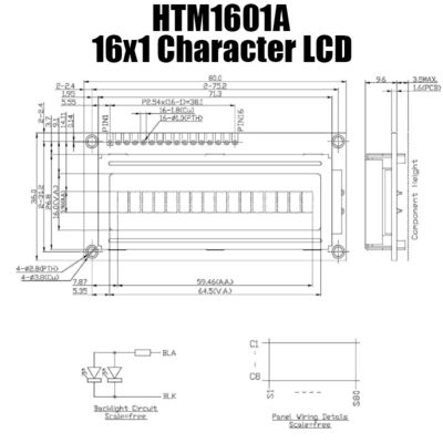شاشة LCD مقاس 59.46 × 5.96 مم 16 × 1 مزودة بإضاءة خلفية بيضاء HTM-1601A