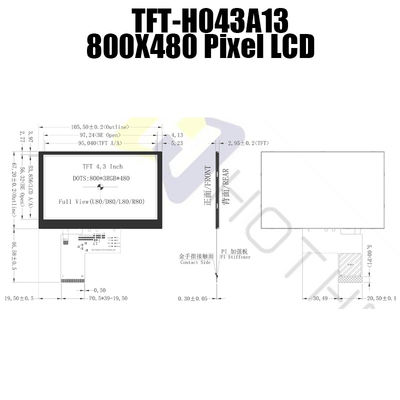 800x480 LVDS 4.3 بوصة TFT عرض ضوء الشمس قابل للقراءة TFT-H043A13SVIST6N40