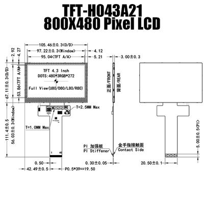 480x272 اللون 4.3 بوصة TFT LCD وحدة عرض ضوء الشمس قابل للقراءة TFT-H043A21WQISTKN40