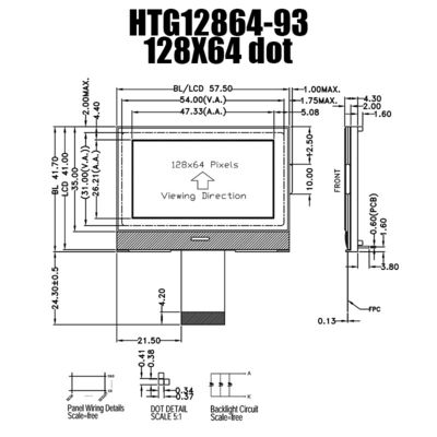 وحدة عرض رسومية LCD رمادية 128 × 64 مع إضاءة خلفية بيضاء جانبية HTG12864-93