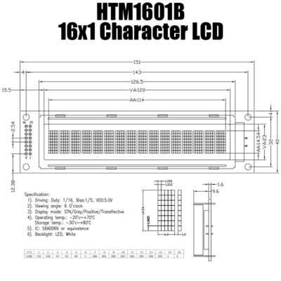 وحدة شاشة عرض LCD أحادية اللون مقاس 16 × 1 ، وحدة شاشة LCD صغيرة الحجم S6A0069 HTM1601B