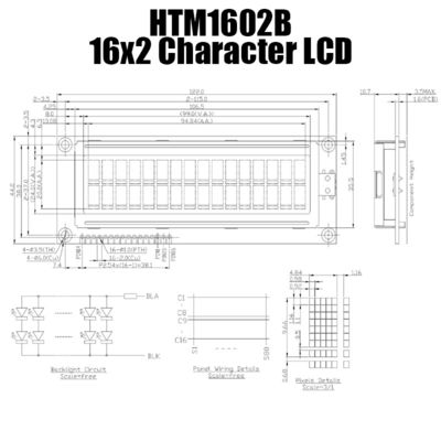شاشة عرض أحرف LCD متوسطة الحجم مقاس 16 × 2 مع إضاءة خلفية خضراء HTM1602B