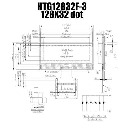 128X32 جرافيك COG LCD ST7565R | شاشة FSTN + مع إضاءة خلفية رمادية / HTG12832F-3