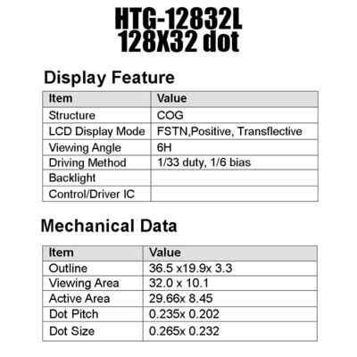 128X32 وحدة جرافيك COG LCD ST7565R مع إضاءة خلفية بيضاء HTG12832L
